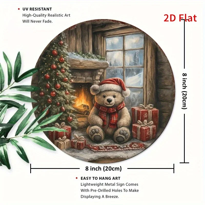 1pc Winter Snowy Bear in Cozy Cabin Door Decoration - 2D Flat Print Christmas Bear with Fireplace & Snowy Window Scene, Red & Wh