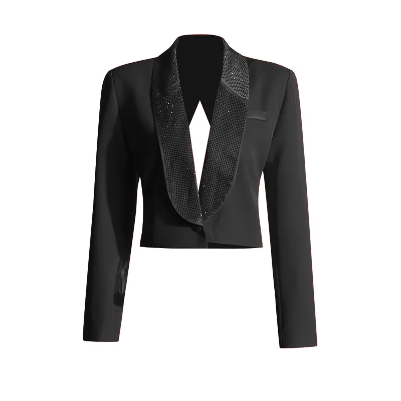 ZAMOR HIGH STREET Women's Rhinestone Blazer Lapel Collar Slim Fit Long Sleeve Thin High-End Fashion Single-Breasted Suit Jacket