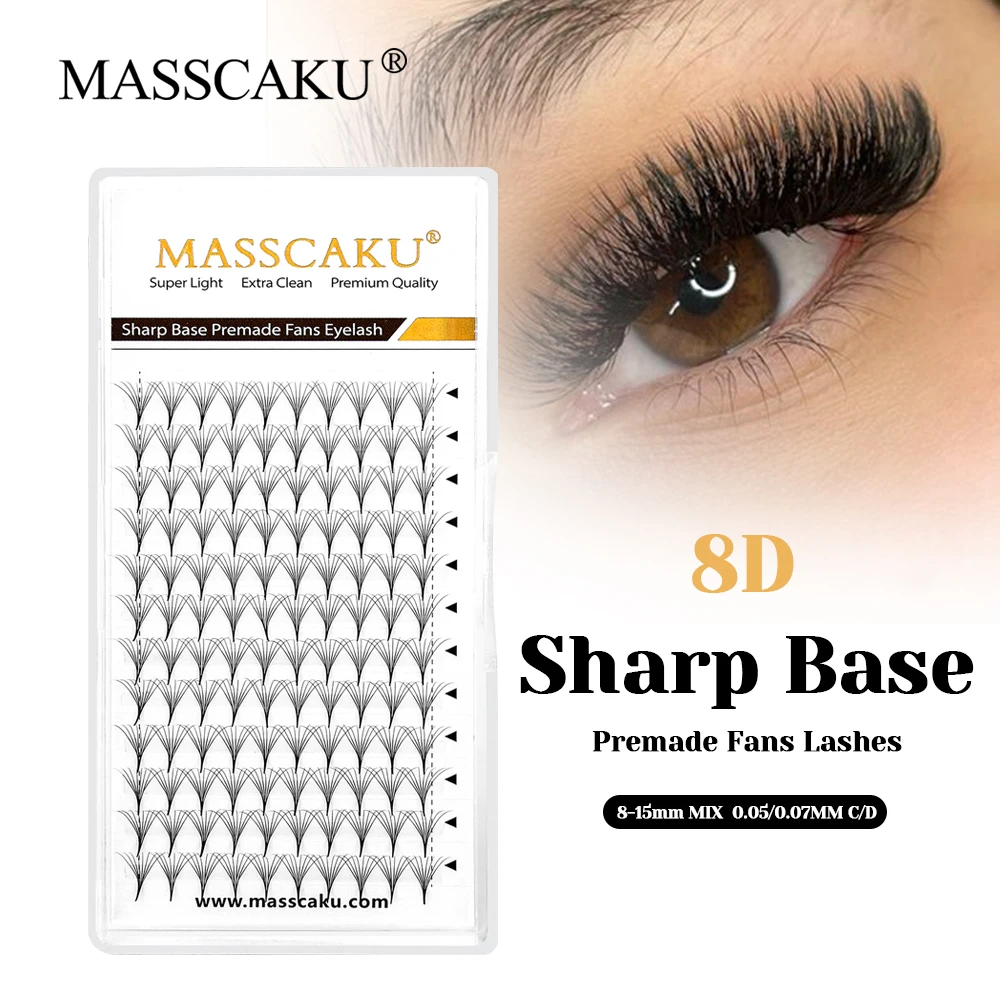 

New Design MASSCAKU Matte Dark Black Sharp Base Premade Fans Lashes C D Curl Individual Ribbon Thin Root Eyelashes Makeup Tools