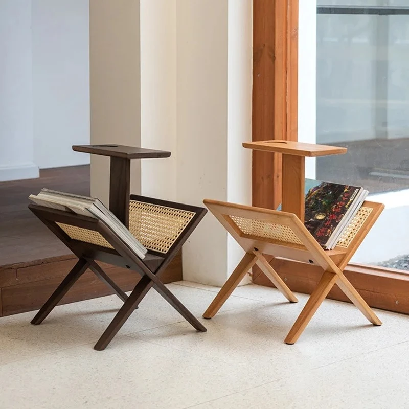 Solid wood magazine rack, rattan, book and newspaper rack, a few corners, Japanese-style simple household storage shelf