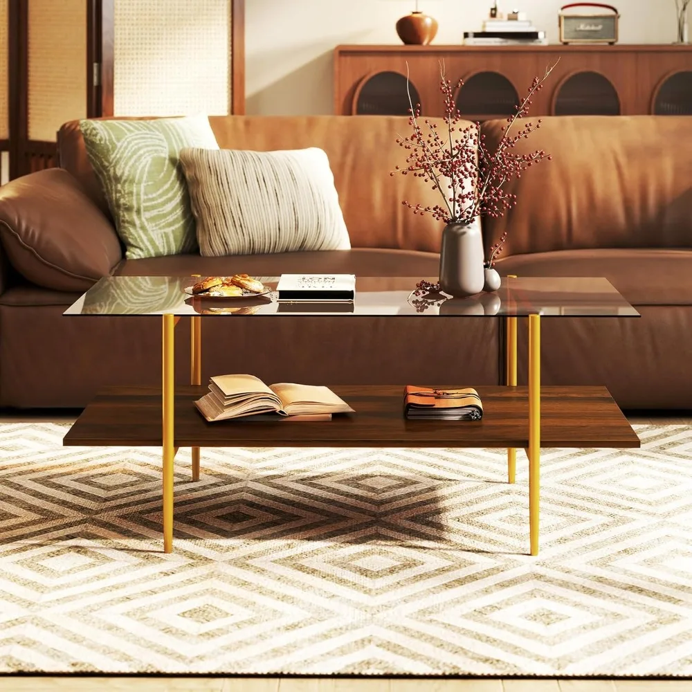 유리 커피 테이블, 앰버 강화 유리 테이블 상판이 있는 미드 센추리 모던 센터 테이블, 월넛 수납 선반 및 골든 레이어