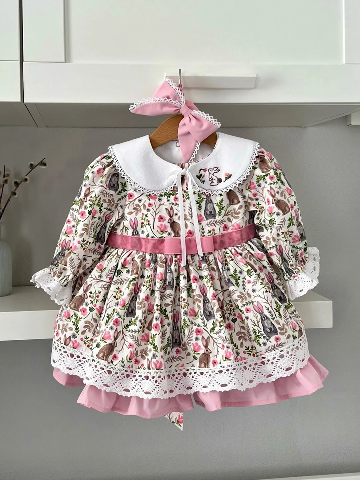 

Spring Autumn Girl Rabbit Embroidered Flower Rabbit Printed Pink Dress For Casual Party Birthday Wedding Photography