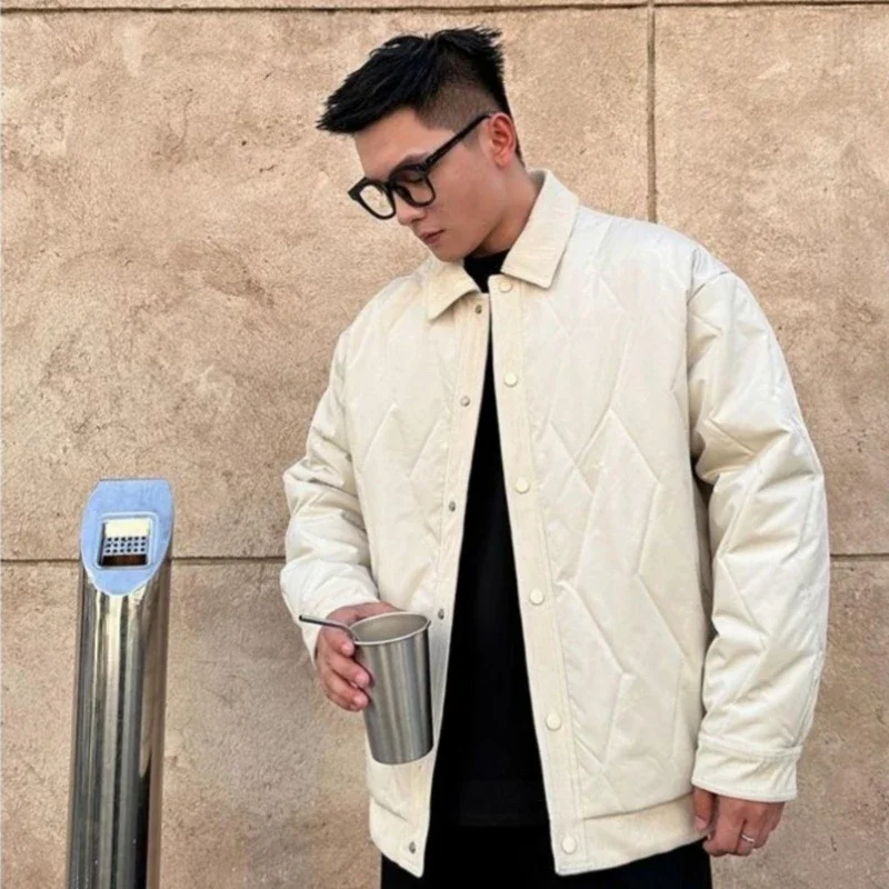 Premium Corduroy Panel Men's Winter Jacket Thickened Quilted Insulation Minimalist Flip Collar Design for Slim To Regular Fit