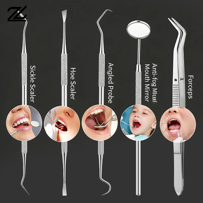 Professional Stainless Steel Dental Tool Oral Care Kit Plaque Calculus Remover Anti Fog Mouth Mirror Tweezer Teeth Cleaning Tool
