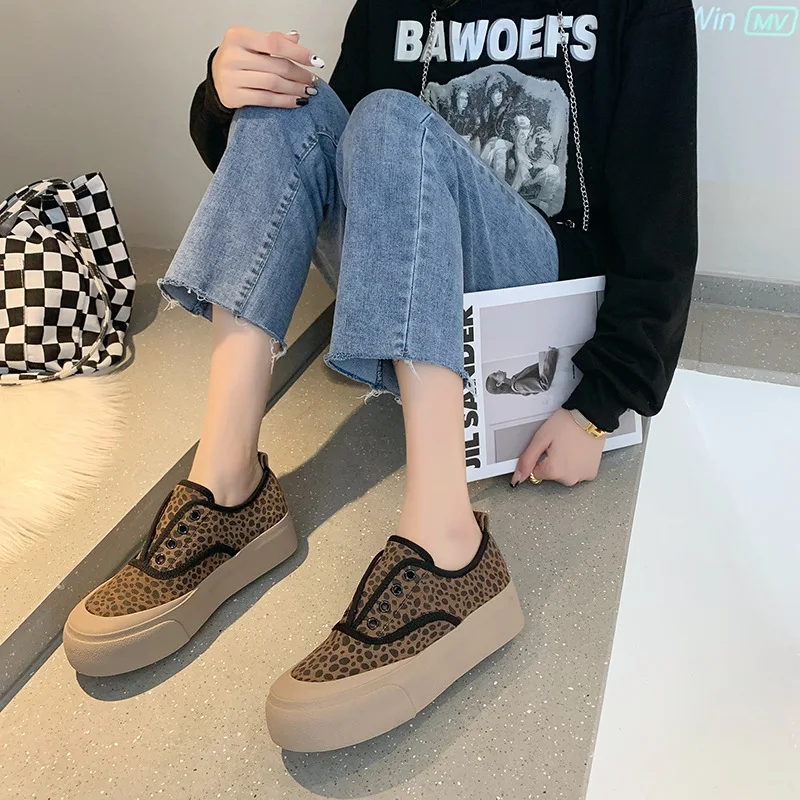 Persoonlijkheid Canvas Vrouwen Schoenen Voorjaar Nieuwe Thicksoled Leopard Casual Schoenen Netto Rode Board Schoenen Een Pedaal Tij Schoen Gevulkaniseerd Schoenen