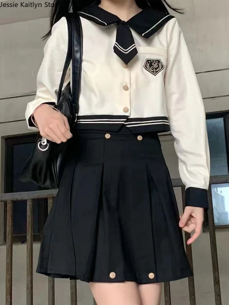 Koreanische kawaii Schule Seemann Uniform Frauen japanische Mädchen College Cosplay JK Uniform Herbst Langarm Top und Falten rock Sets