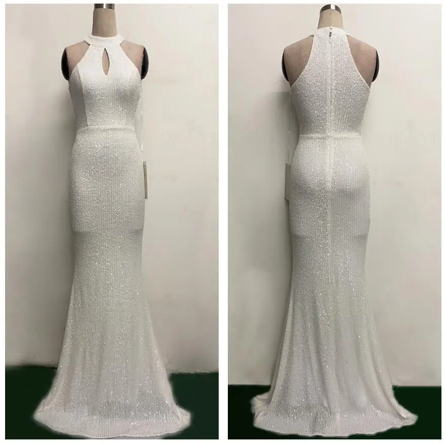 Simple Halter Neck White Wedding Dresses 2022 Mermaid Sequin Bride Gown Glitter Fitted Party Dress Sleeveless Bridal Dress Marry