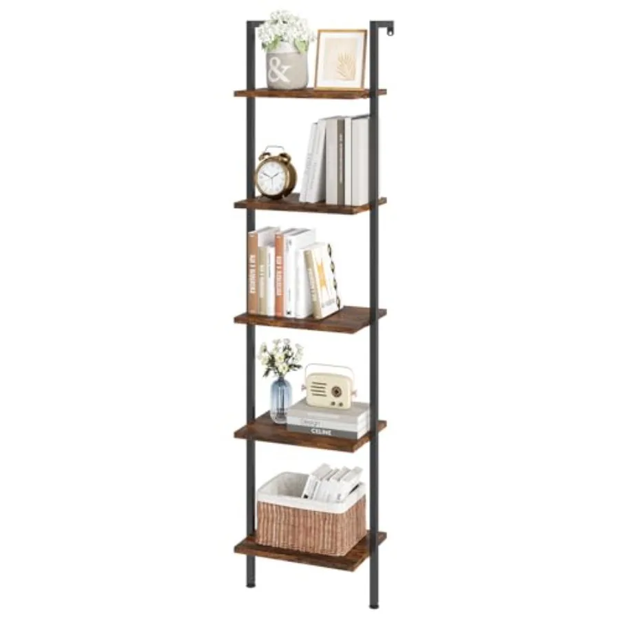 

Стеллаж ELYKEN Ladder Shelf, 5-ярусный, деревянный, настенный, с металлическим каркасом, винтажный, открытый, для книг и хранения, наклонная полка-органайзер