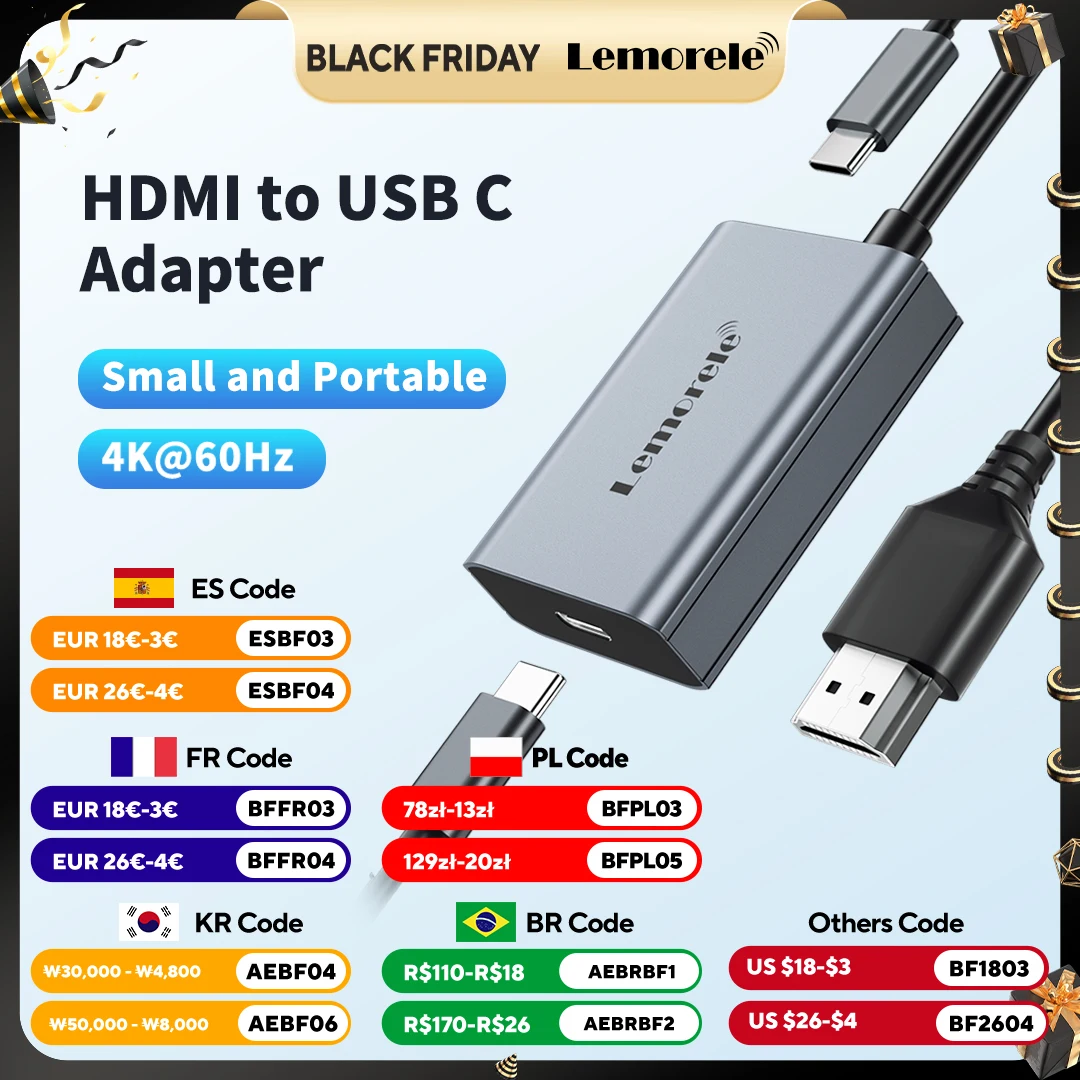 

Lemorele HDMI to Type-C Adapter 4K 60HZ USB-C AR Glasses Video Adapter For XREAL Nreal Air Rokid Glasses Head Mounted Display