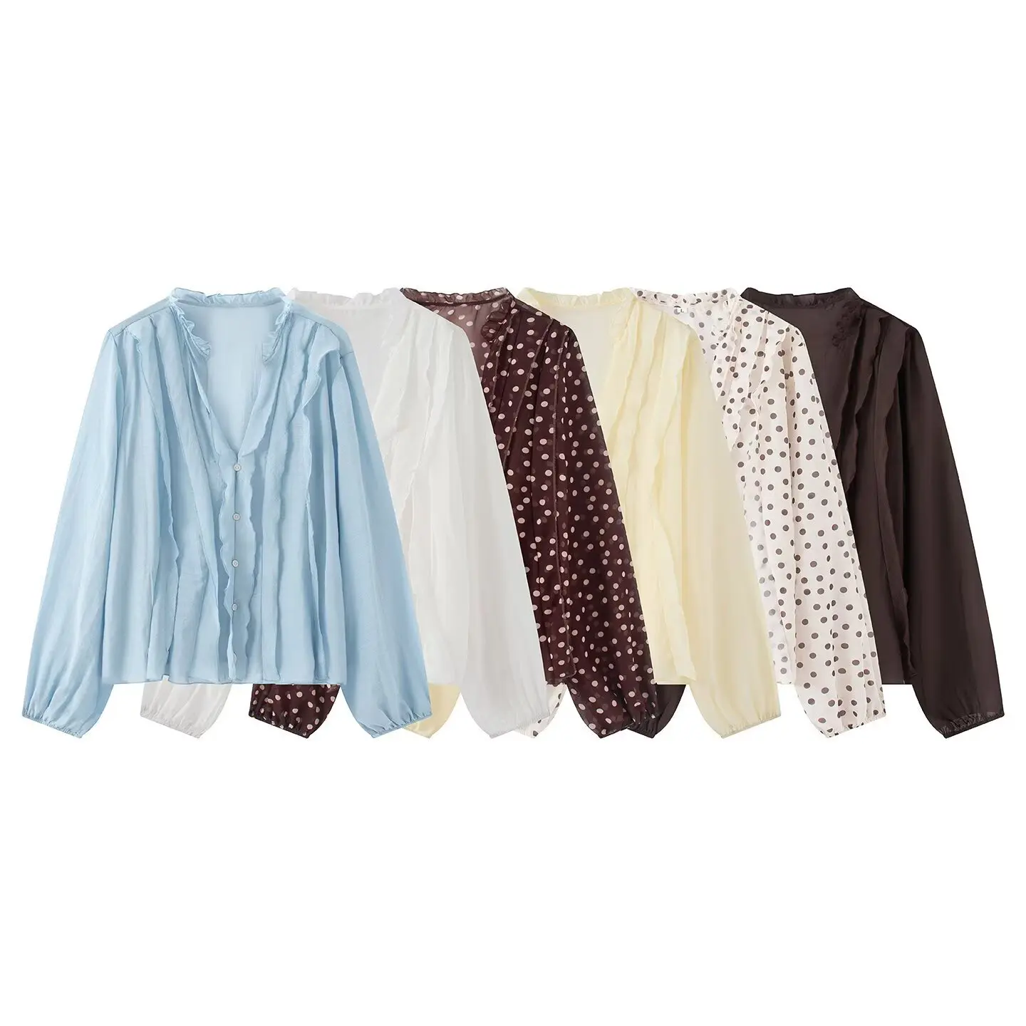 Withered Fashion Temperament Women's Clothing Wholesale Long Sleeved V-neck Polka Dot Layered Decorative Shirt Clothes Shirts