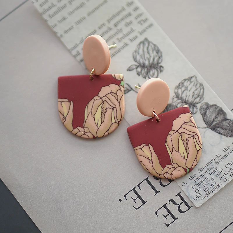 Art Floral Vintage Abstract Pattern Handmade Polymer Clay Earrings Set for Women Big Size Long Dangle Multi Shapes Warm Colors