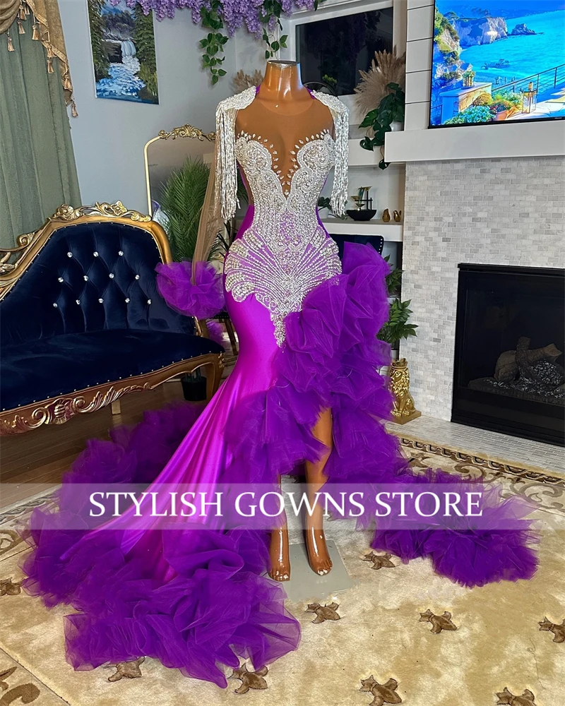 Purple Long Prom Dresses Luxury Black Girls Rhinestone Tassel Birthday Dress Ruffles Split Long Sleeve Evening Gown Customized