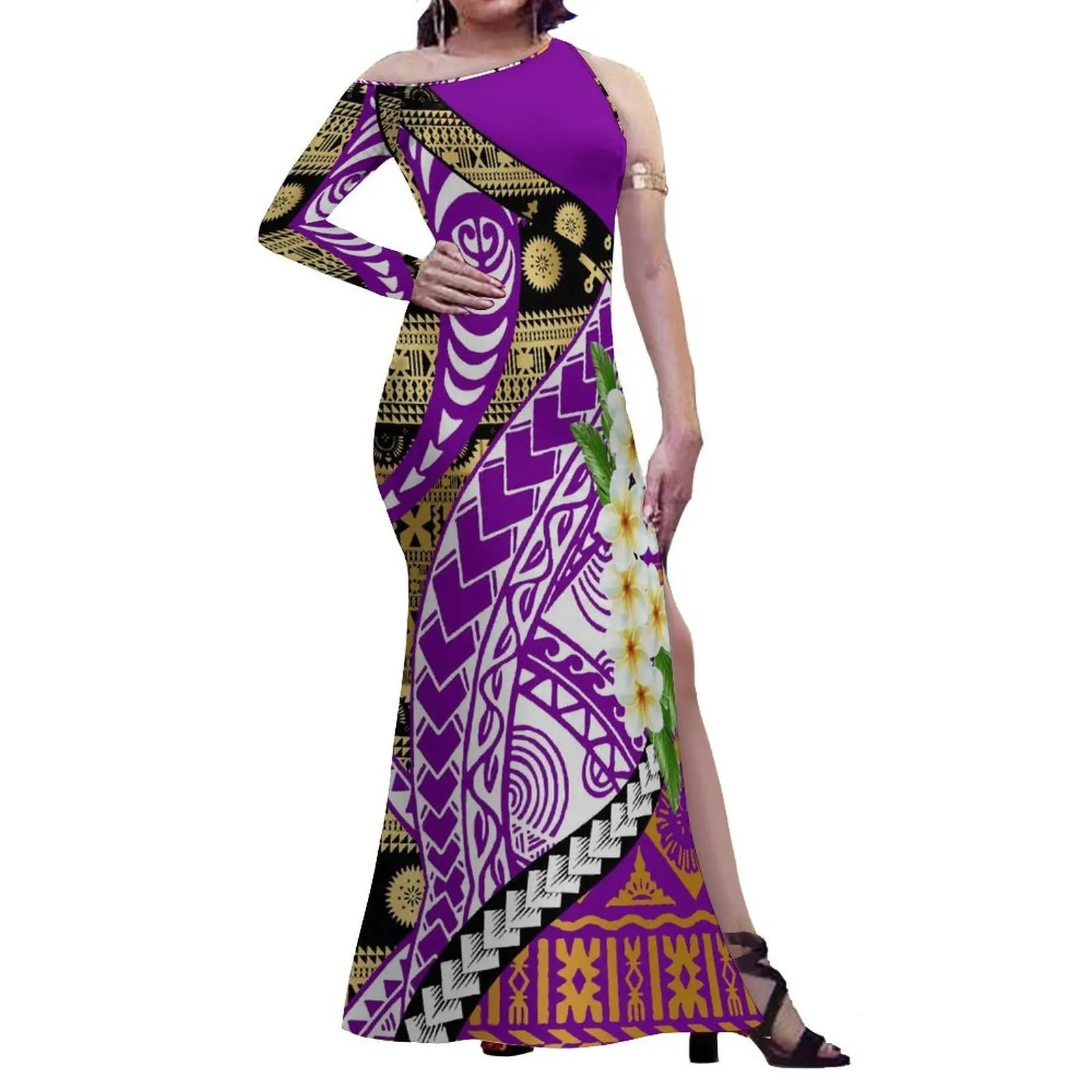 2024 New Samoa Feature Fashion Women'S Polynesian Dress Women'S One-Shoulder Long Sleeve Slit Long Dress Fiji Tribe Custom