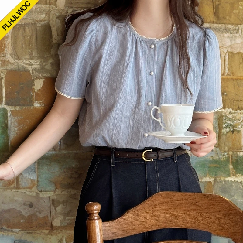 Cotton Blends Blue Striped Tops Blusas Woman Summer Cute Japan Style Girls Retro Vintage Casual Single-Breasted Button Shirts