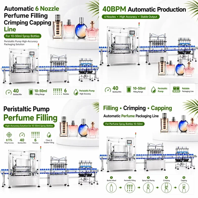 for Automatic 6 Nozzle 40BPM High Precision 10-50ml Peristaltic Pump Spray Bottle Perfume Filling Screw Cap Packaging Line