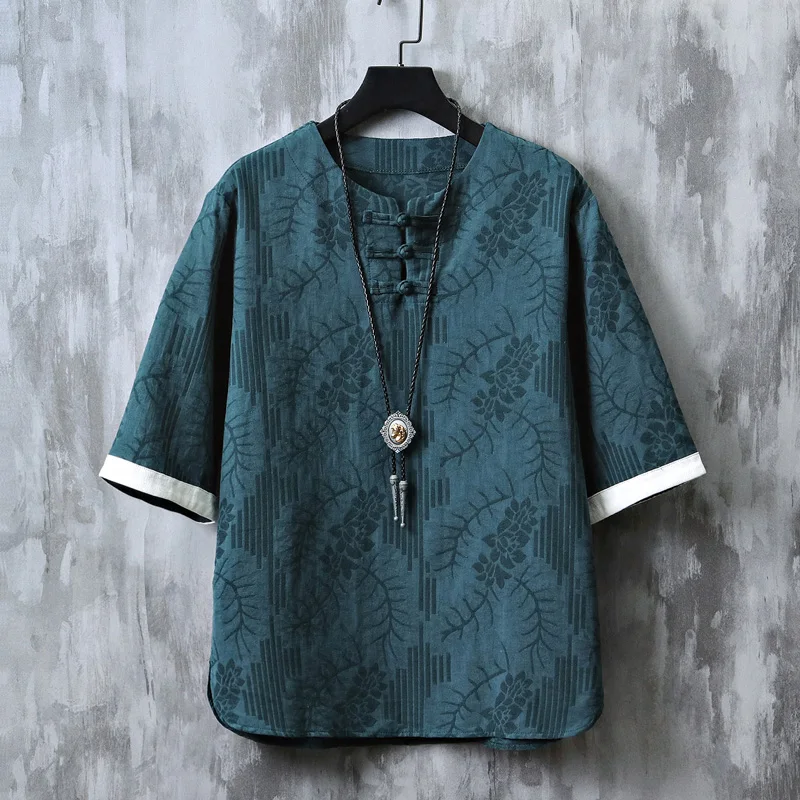 

Chinese Style Men's Summer Chinese Tang Suit Top Men's Short-Sleeved T-shirt Ancient Style Zen Clothes Lay Buddhist Clothes