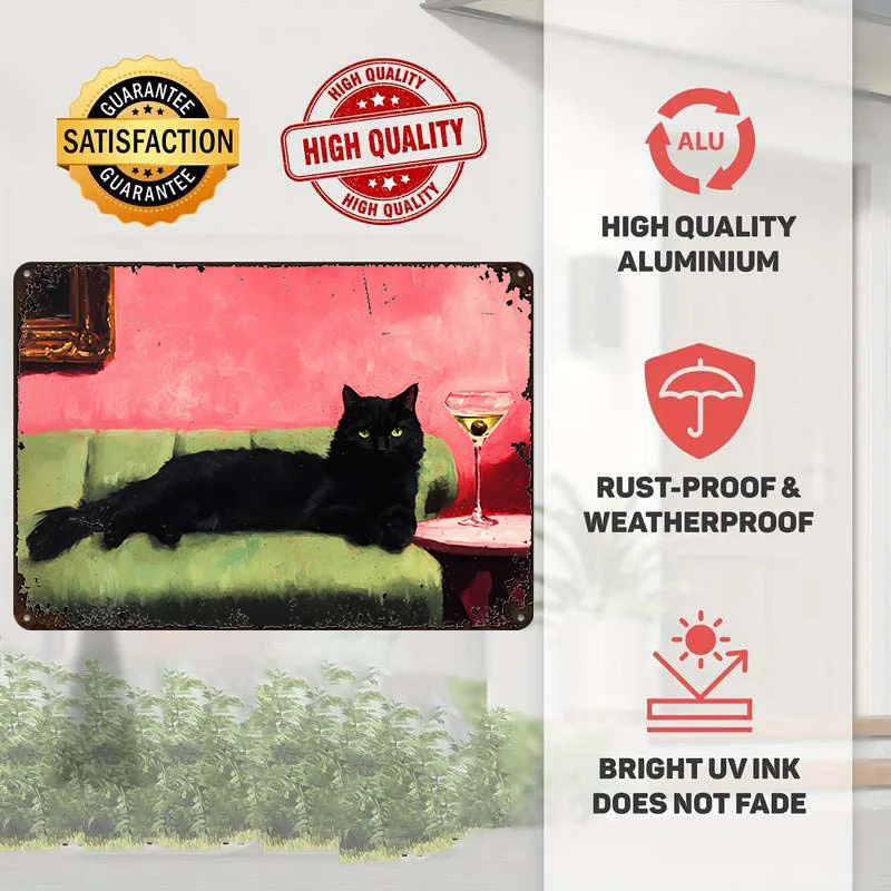 Black Cat With Martini Painting Tinplate Poster Custom Wall Art Vintage Metal Signs Retro Tin Plaque for Room Accessories House