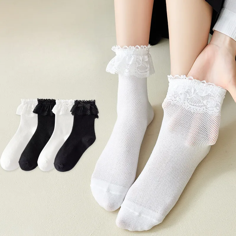 New Lace Edge Cotton White Socks Japanese Style JK Lolita Cute Princess Mid Tube Sock Women's Summer Thin Mesh Breathable Socks