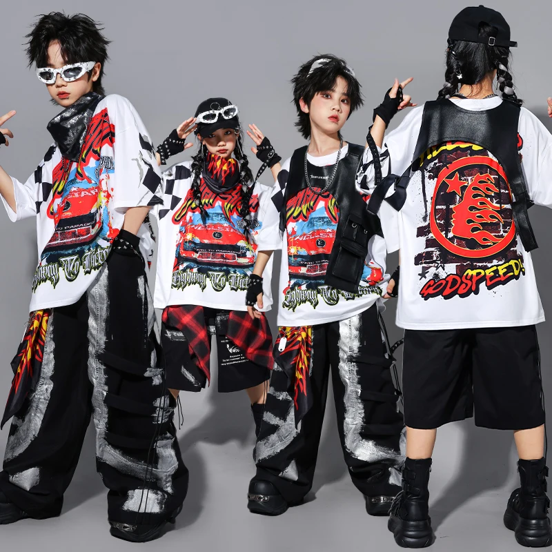 Jungen Hip Hop Kontrast T-shirt Baggy Cargo Hosen Mädchen Street Dance Jazz Kostüm Kinder Kleidung Kinder K-pop Streetwear