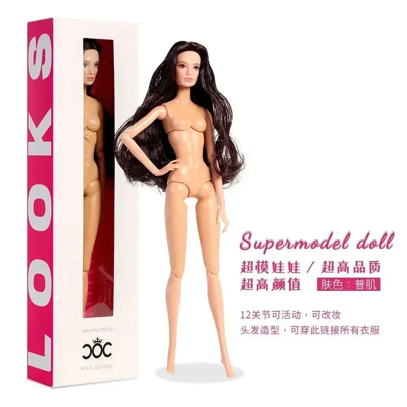 Boneca supermodelo de 32cm/boneca nua nua com cabelo encaracolado preto loiro pele branca/12 articulações corpo móvel + cabeça/presente de menina
