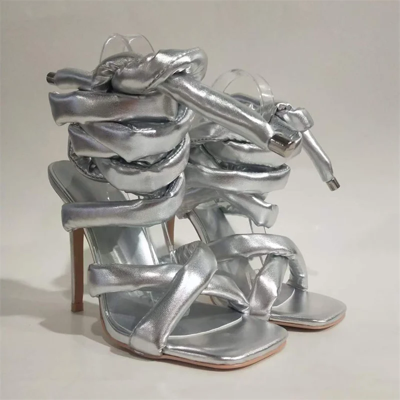 Brand Grey/silvery Feet Ring Winding Tape Sandals Fashion Walk Show Women\'s Shoes 2023 Summer New Square Toe  High Heels Size 43