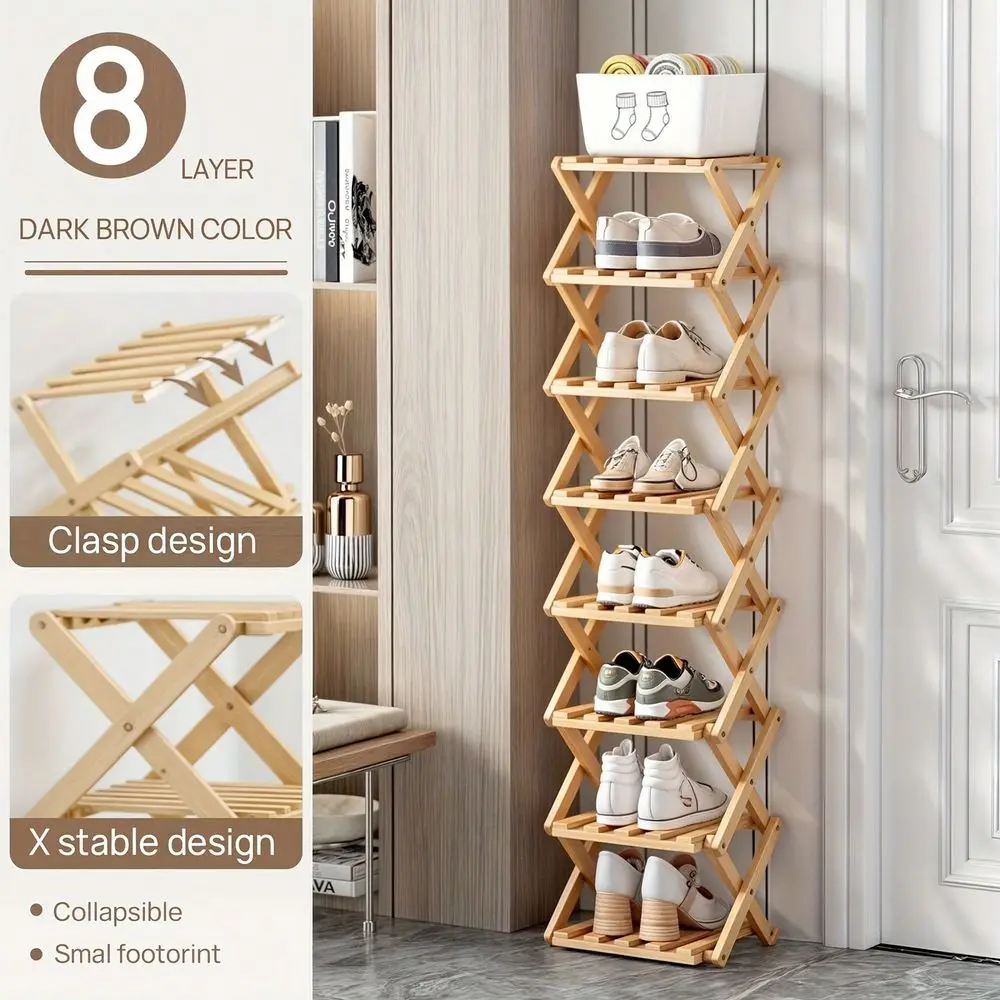 

1 Piece 6 8Tier Bamboo Sleek Style Collapsible Shoe Organizer, SpaceSaving, Large Capacity, Quick Assembly, For Apartment Entra