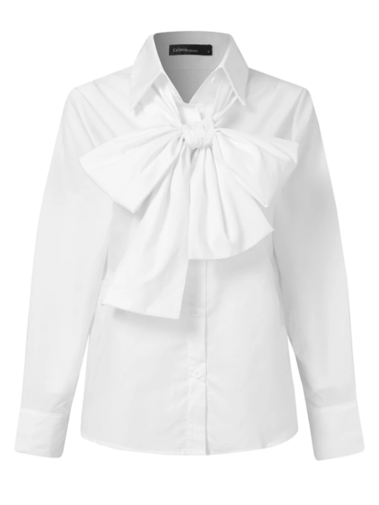 Celmia Elegant Long Sleeve White Tops Summer Women Office Lady Commuting Blusas Fashion Bow Tie Buttons White Shirts Femininas