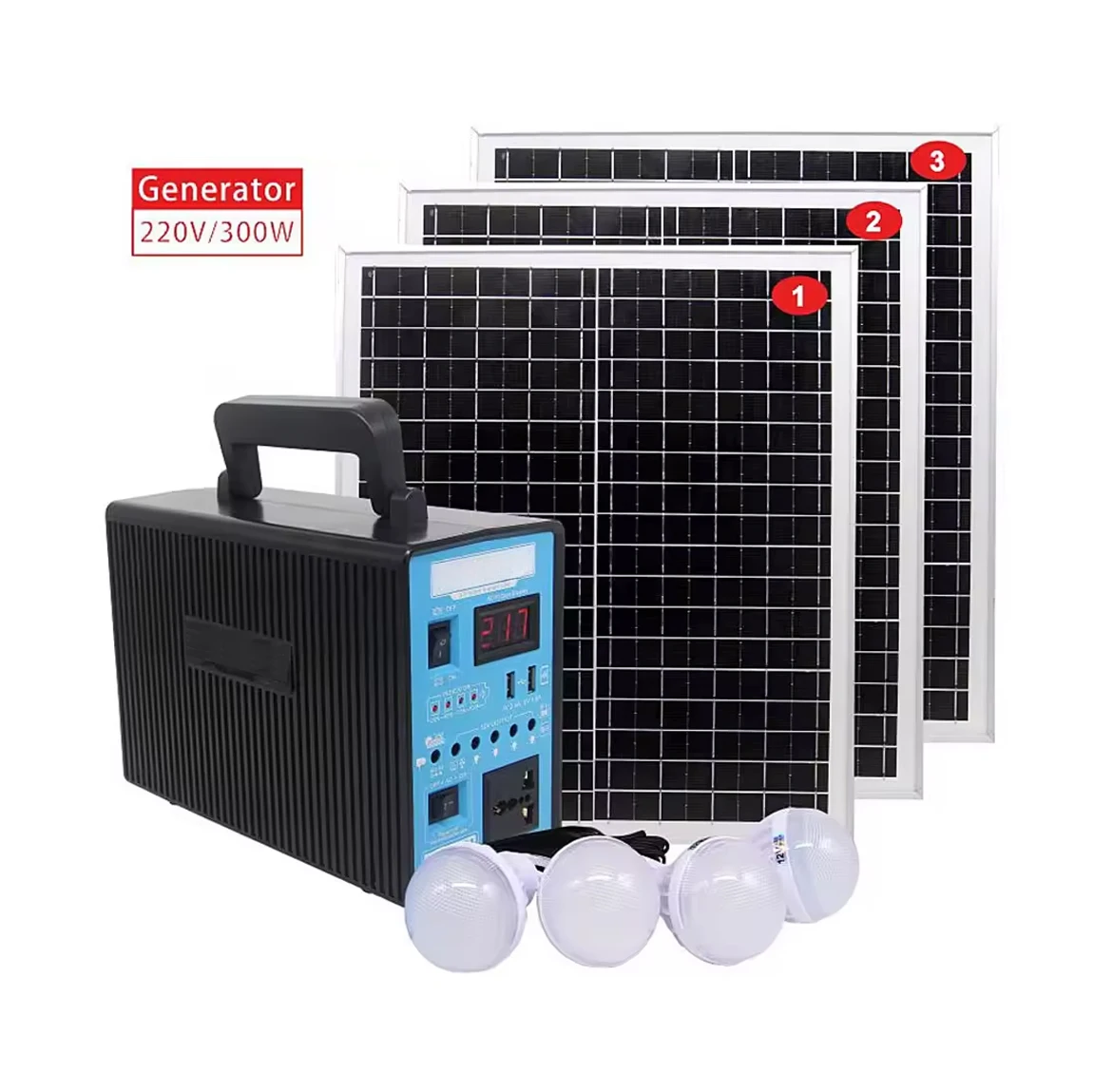 The 300-watt power station kit includes solar panels and light bulbs