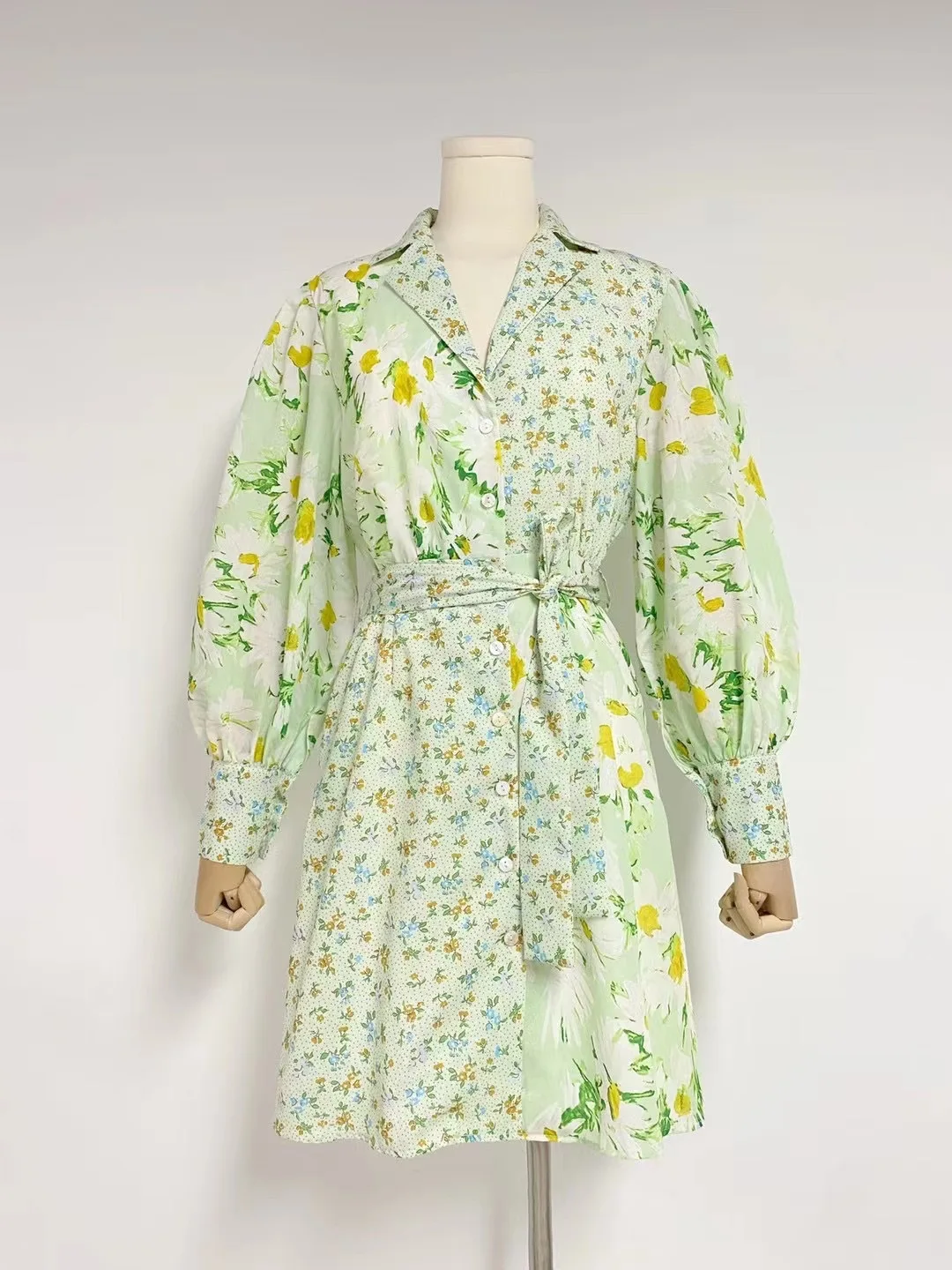 

2026 Summer Green Print Women Dress Bohemian Lapel Neck Long Sleeves Holiday Beach Dresses For Womens 61115