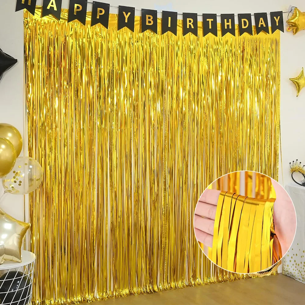 6 Stück / Packung Metallische Lametta-Folien-Fransenvorhänge Hintergrund für Geburtstags-, Silvester-, Party-, Foto-, Hochzeits- und Babyparty-Dekorationen
