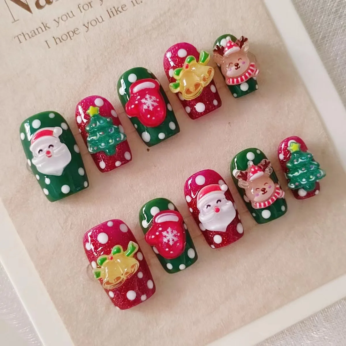 Christmas 10 Pieces Press On Nails Handmade Red and Green Polka Dots Santa Claus Moose Bells Fake Nail Patches Removable