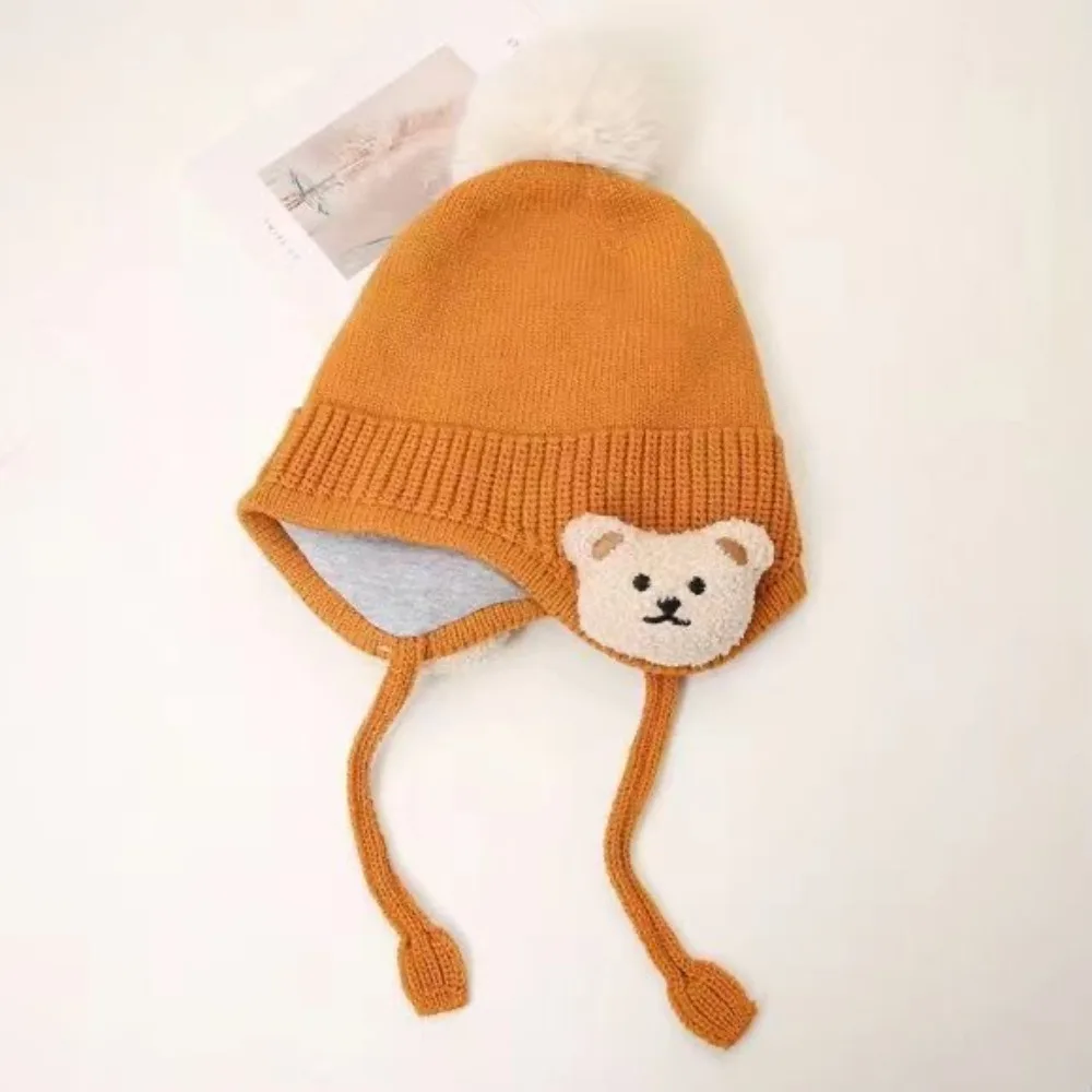 Solid Color Ear Protection Cap Thick Cotton Lining Knitted Warm Earmuffs Cap Crochet Style Pompom Top Toddler Cap For Toddler