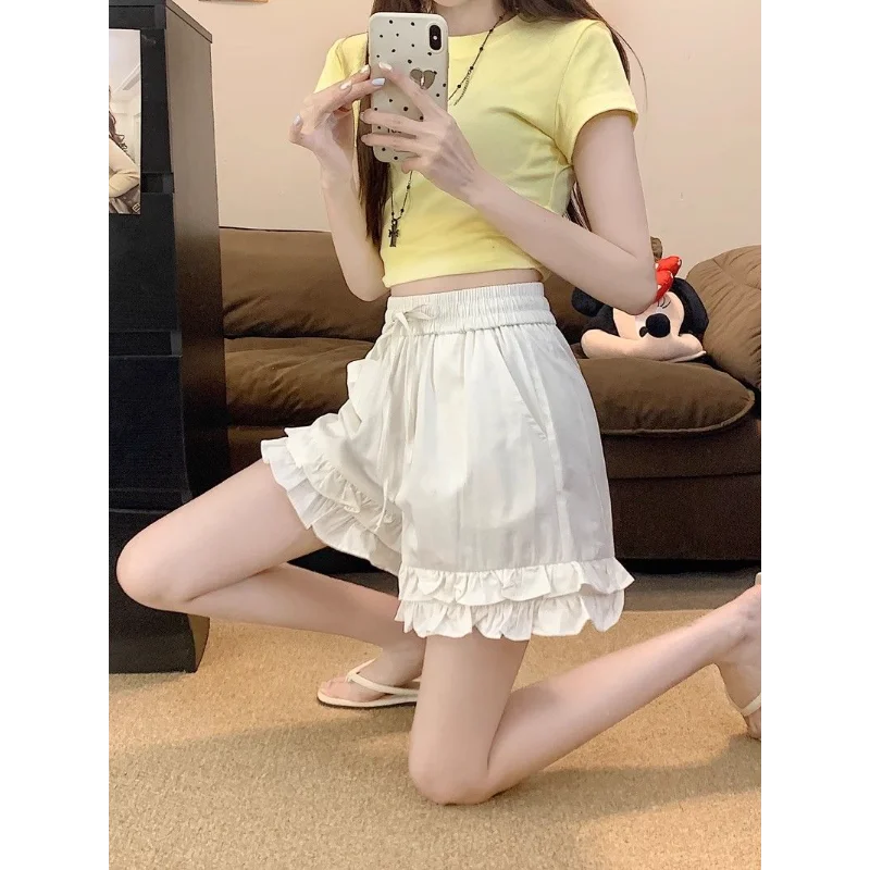 

Новые кружевные белые шорты с грибком, женская летняя одежда, широкие брюки трапециевидной формы с эластичной завязкой