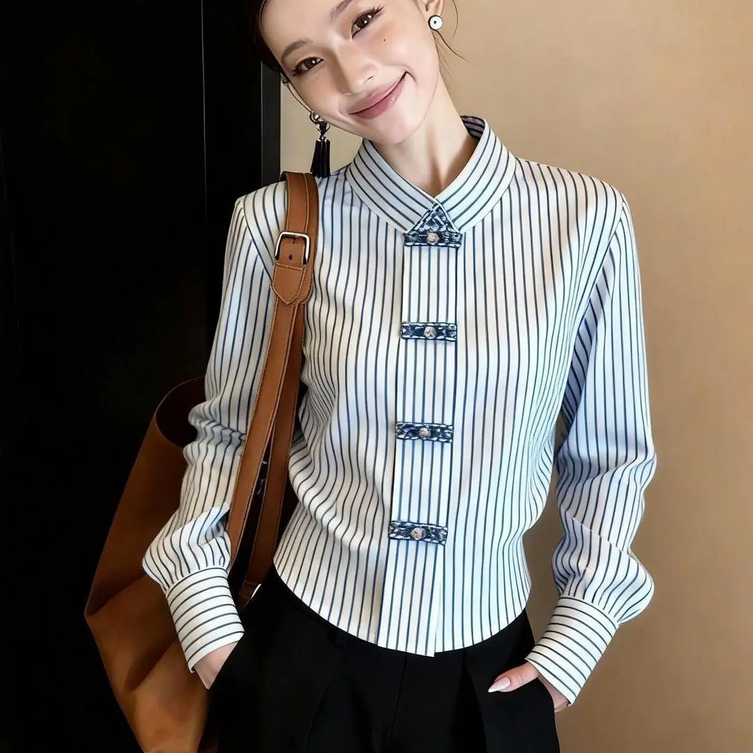 Kimotimo 2026 New Design Color Block Blue Shirt Women High-End Unique Temperament Gentle Style Long Sleeve Blouse Top