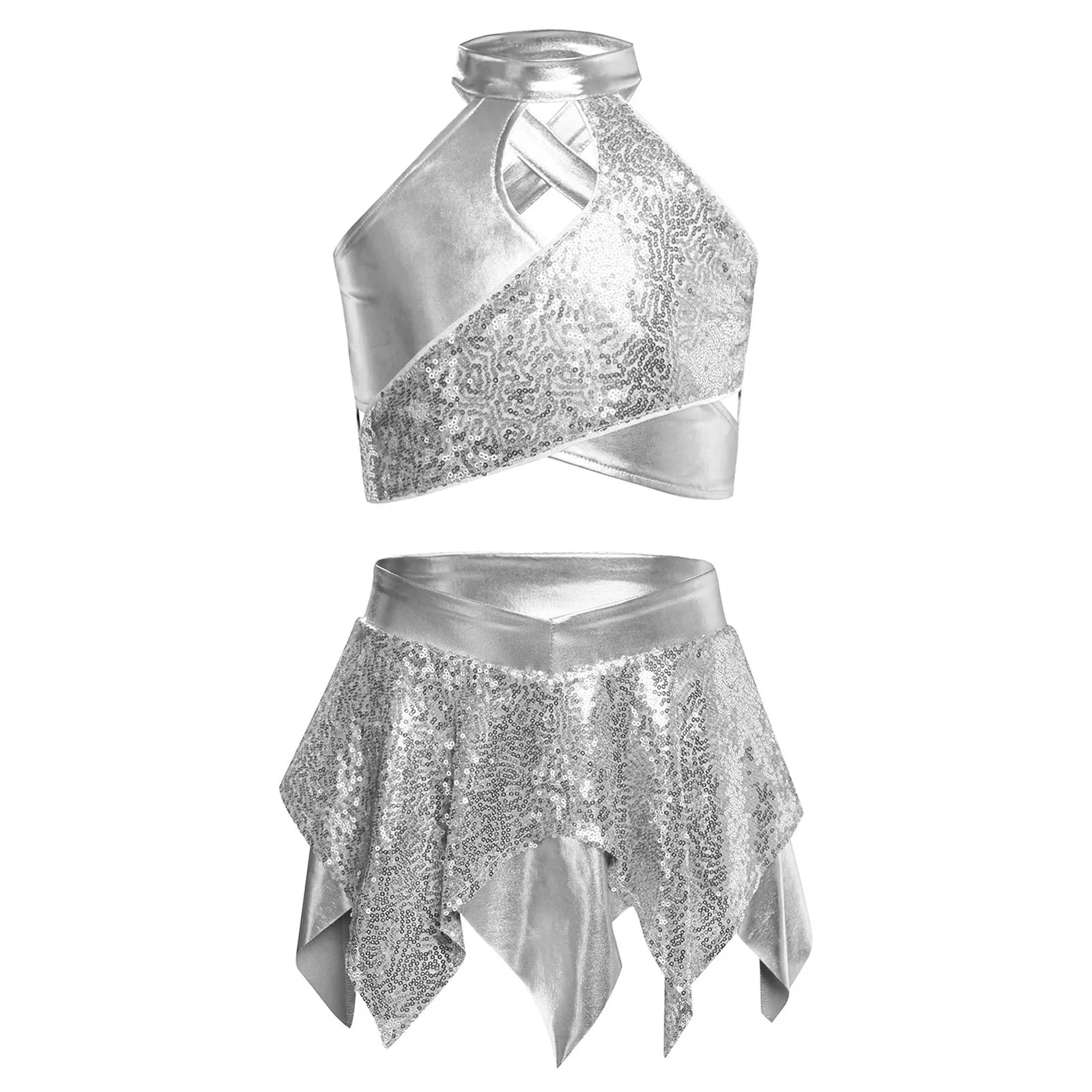 

Kids Girls Metallic Shiny Jazz Dance Outfit Cross Keyhole Sparkly Sequins Crop Top+Asymmetric Skirt for Cheerleading Performance