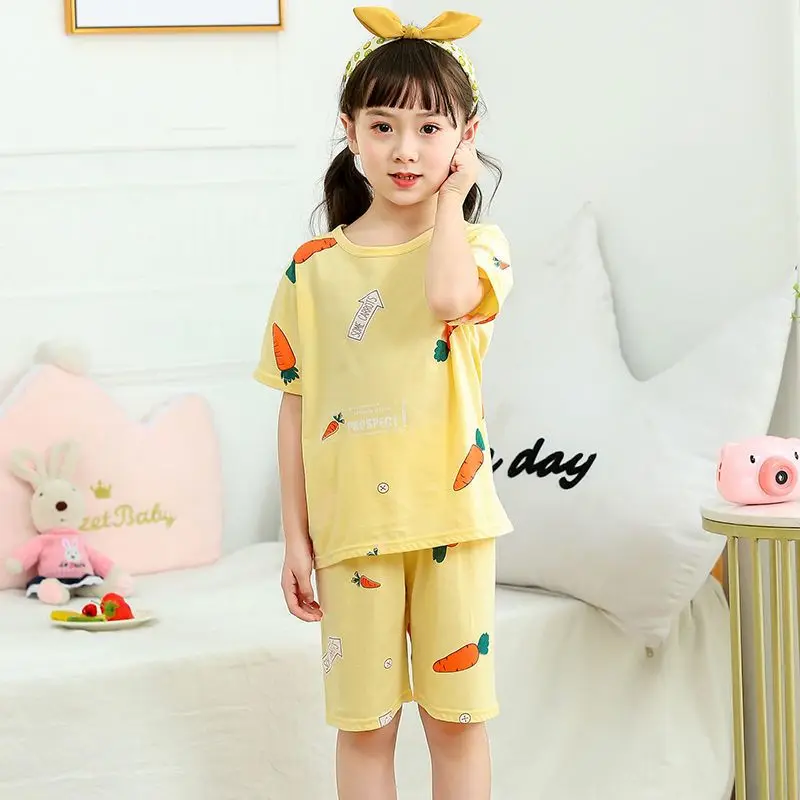 For Girls' Summer Thin Cotton Pajamas Set Baby Casual Clothes Children's Short-sleeved Five-point Air-conditioned Clothes Autumn