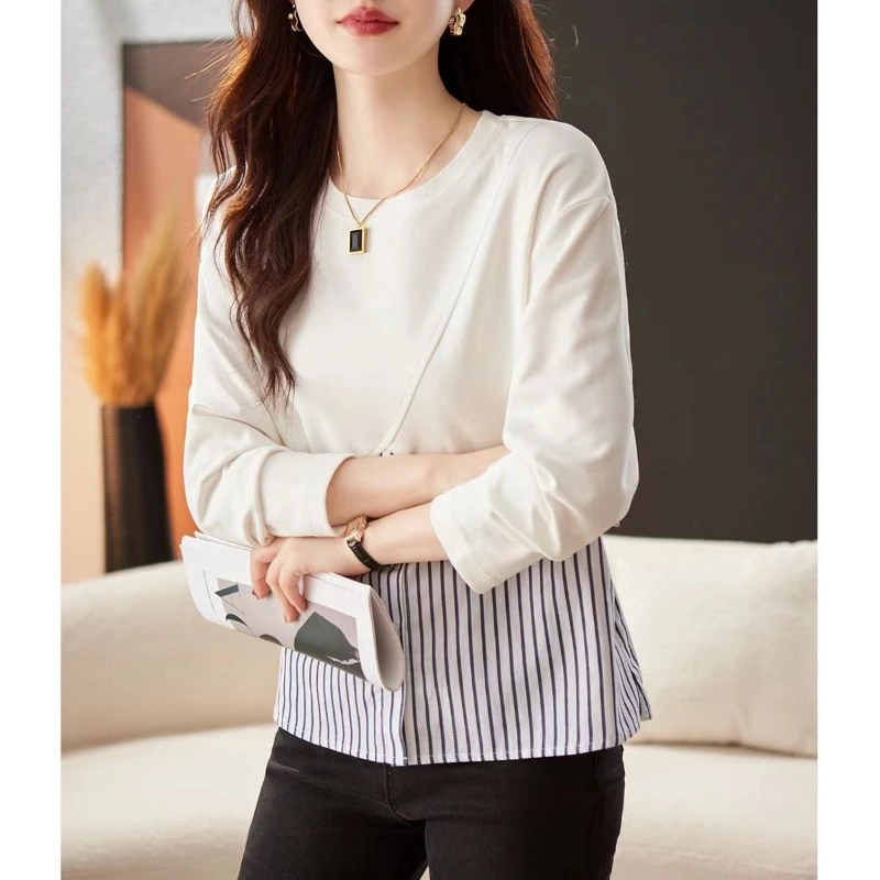 Spring Autumn Fashion Striped T-Shirts O Neck Long Sleeve Women\'s Clothing Patchwork Pullovers Loose Casual Korean Temperame Tee