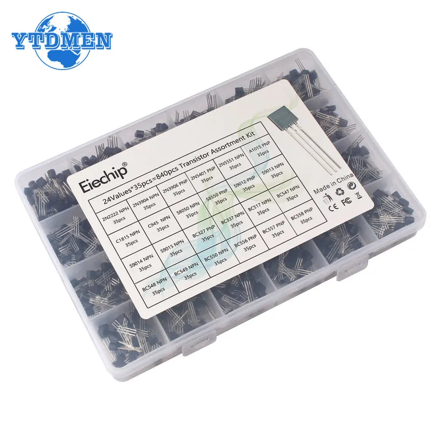 840pcs/set 24Values TO-92 Transistor Assortment Kit BC327 BC337 BC547 Transistor 2N2222 3904 3906 C945 PNP/NPN Transistors Pack