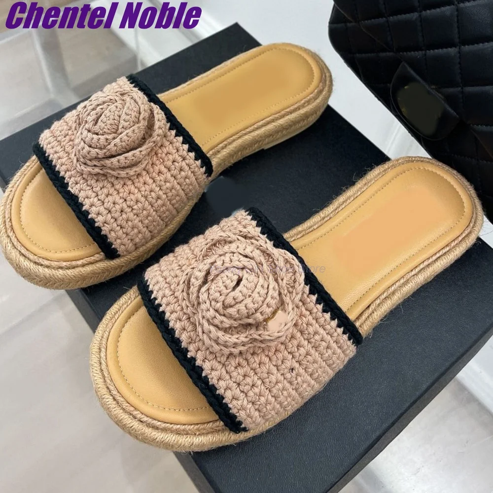 

Weave Thick Slipper Outside leather Fisherman Shoes Summer Shoes for Women Fashion New Arrival Sweet Flower Flat Comfortable