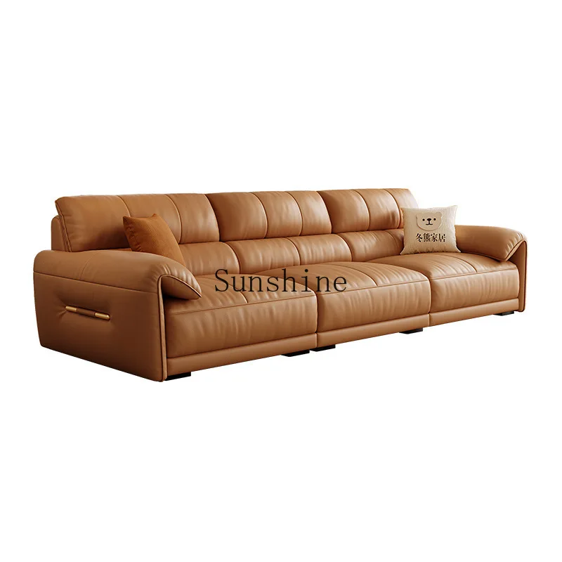 

Italian minimalist living room small apartment light luxury simple straight row sofa retro leather sofa