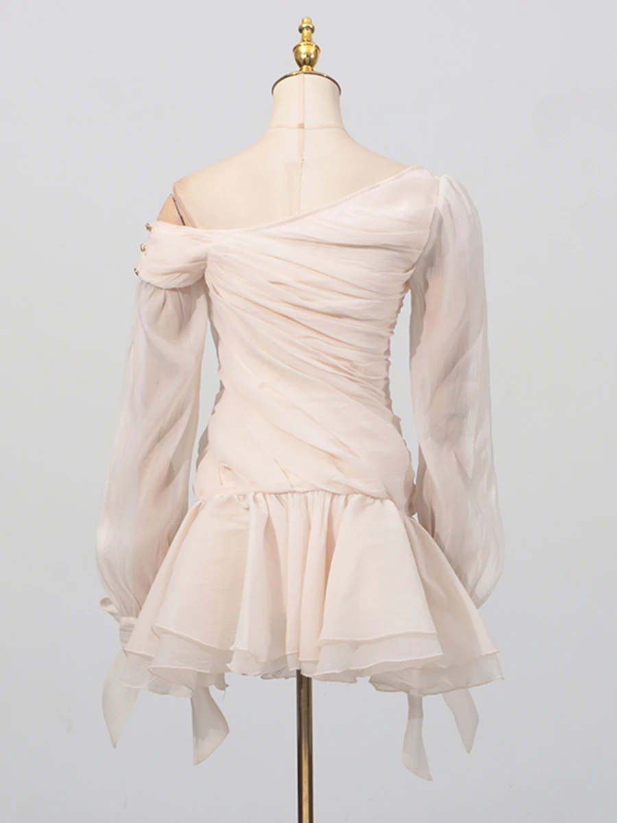 VGH 핫스윗 스플라이스 시스루 메쉬 드레스 (여성용) - 숏팬츠 포함, 사선 칼라, 긴팔, 패치워크, 리본 퍼프 드레스, 봄