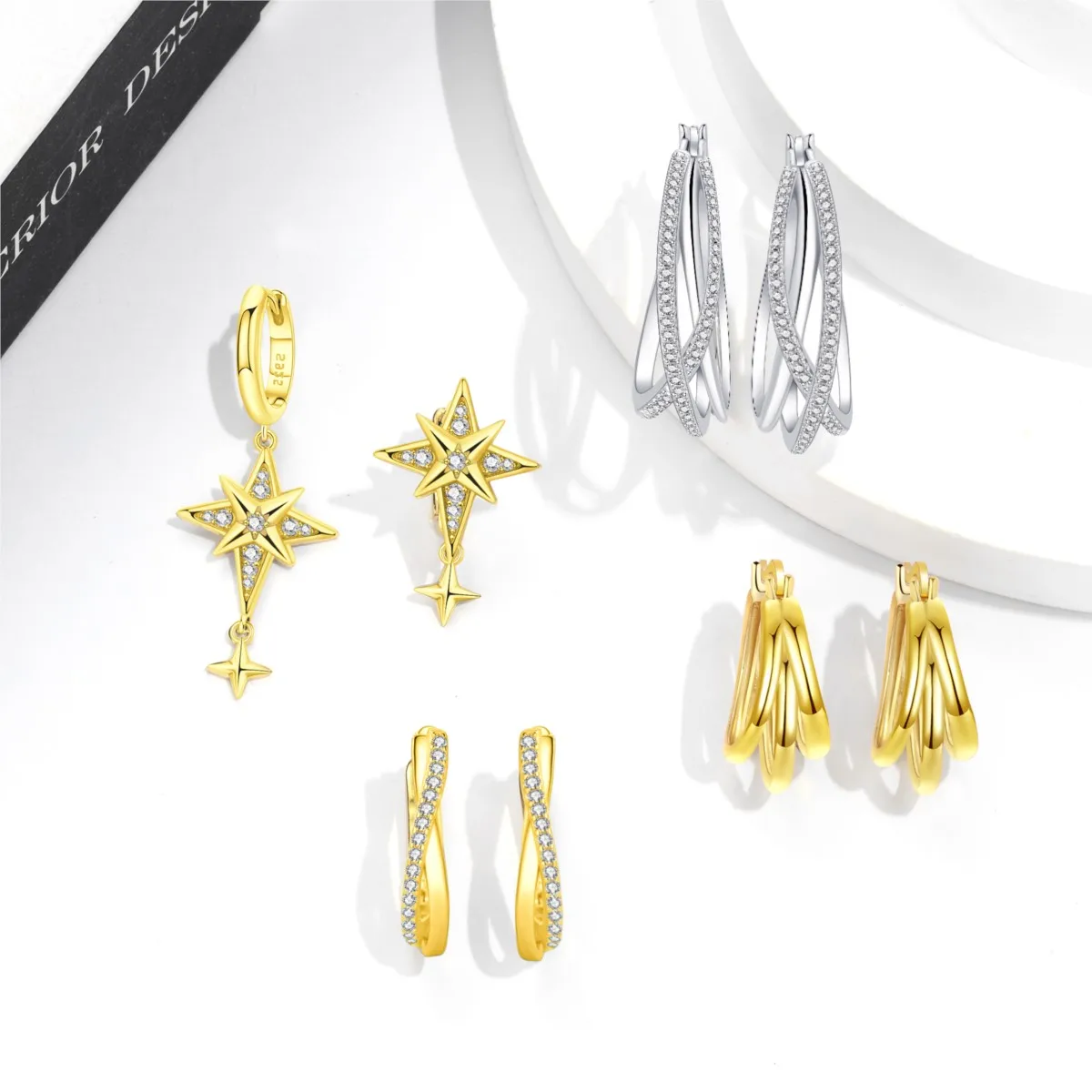 

MISEFF S925 Sterling Silver Earrings Asymmetrical Star, Twisted-Line Earrings 18K Gold-plated For Women Jewelry Birthday Gift