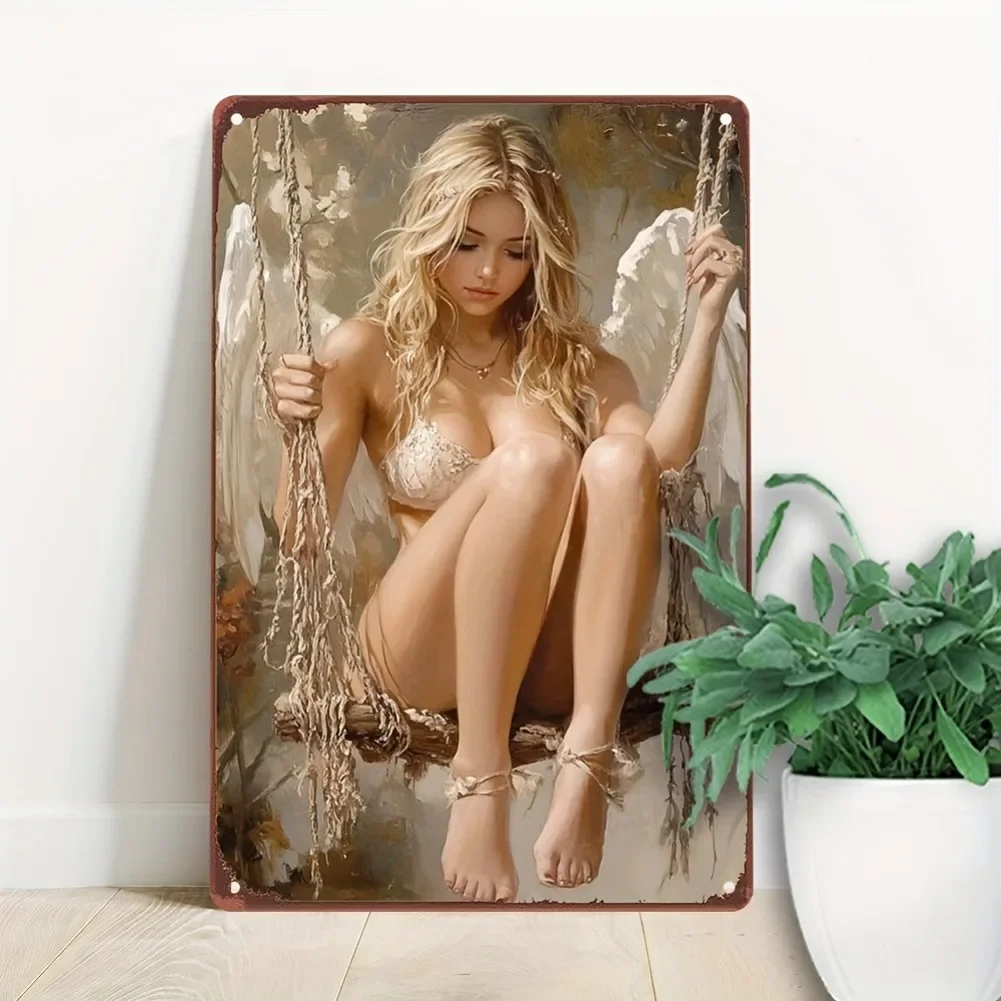 [2D Flat] Retro Anime Angel Metallblechschild – staubdichte und wasserdichte Aluminium-Wandkunst, rahmenlose zeitgenössische Dekoration für Zuhause