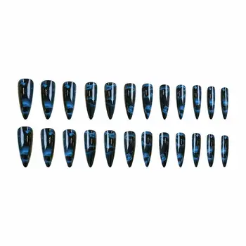 24片裝深藍色蝴蝶Y2K假指甲辣妹漸變法式尖頭假指甲按壓式長尖頭人造指甲 8 最佳銷售 深藍色指甲 - №3