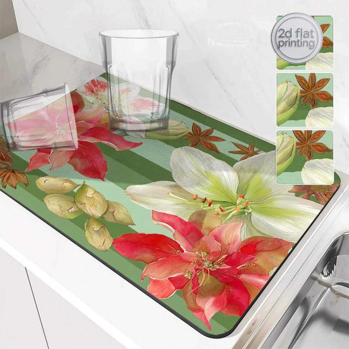1pc Decorative Dish Drying Mat Christmas Amaryllis Poinsettia Floral Vintage Style Kitchen Absorbent Draining Mat Absorbent Drai
