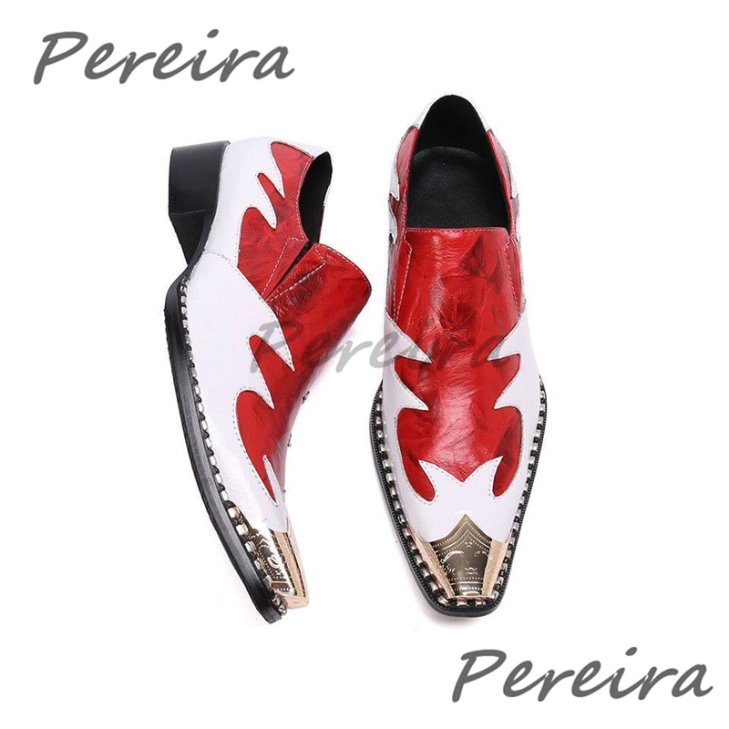 

Red White Mixed Colors Dress Shoes for Men British Style Iron Pointed Toe Genuine Leather Loafers Banquet Party Formal Shoes