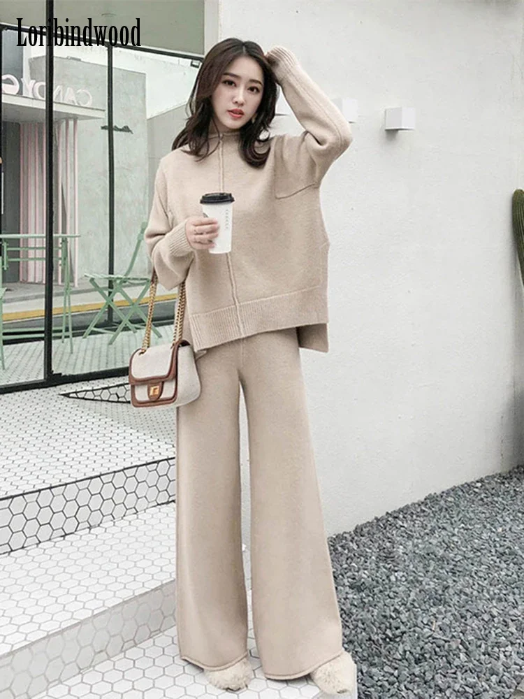 Loribindwood Knitted Sweater Wide Leg Pants Suit for Women Autumn/winter 2022 New Korean Loose Fashion Two-piece Set