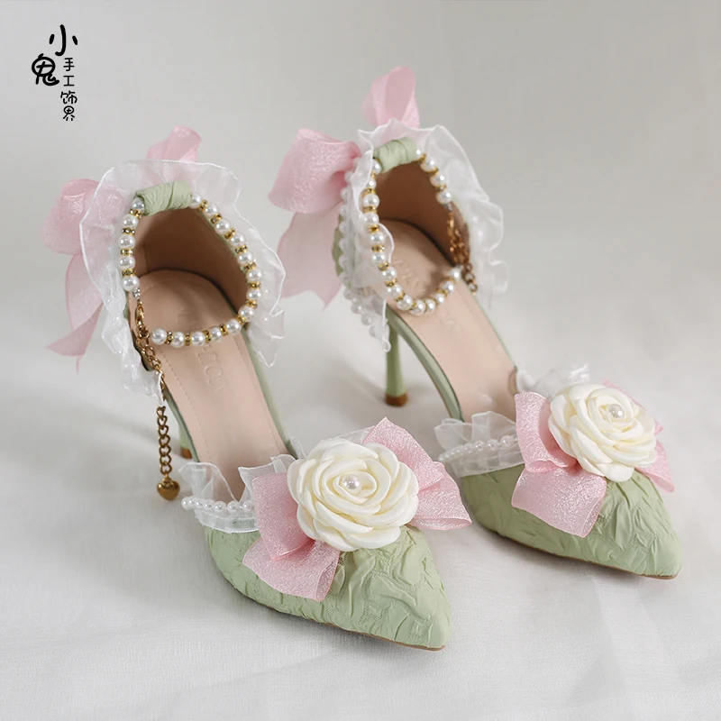 Tacchi alti originali Lolita French Rose Elegant camelia Lo Shoes Bow Lace Single Shoes Sweet Girl Tea Party scarpe singole