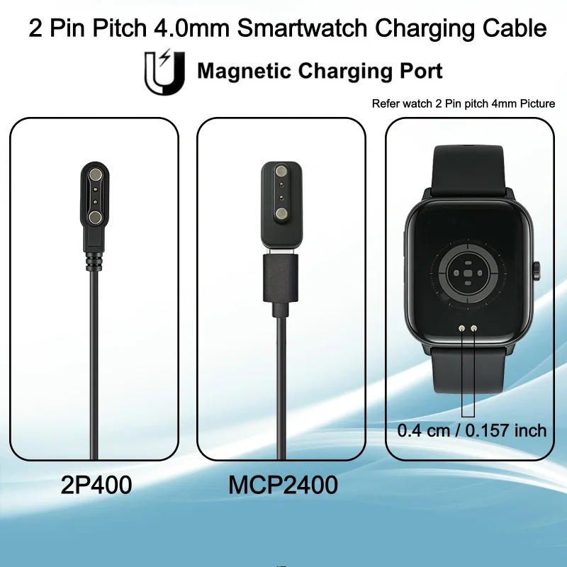 Magnetic Portable 2 Pin Pitch 4.0mm Smart Watch Charging Cable Replacement For 2 Pin Pitch 4mm Smartwatch(2P400/MCP2400)