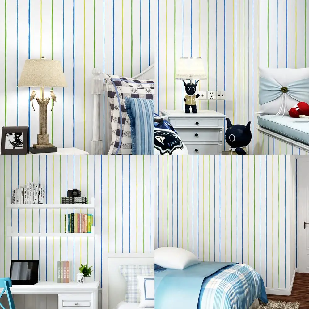 ورق جدران مخطط باللون الأزرق على طراز البحر الأبيض المتوسط حديث وبسيط من القماش غير المنسوج لغرفة النوم وخلفية المنزل ورق حائط مخطط عمودي #1